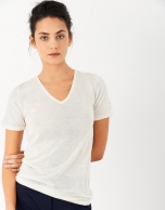 Sand-colored silk and cashmere sweater with short sleeves