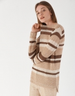 Brown and beige striped lurex sweater