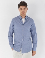 Blue and white geometric print sport shirt