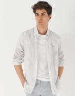 Camel striped cotton and linen sport shirt