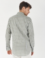 Khaki checked cotton and linen sport shirt