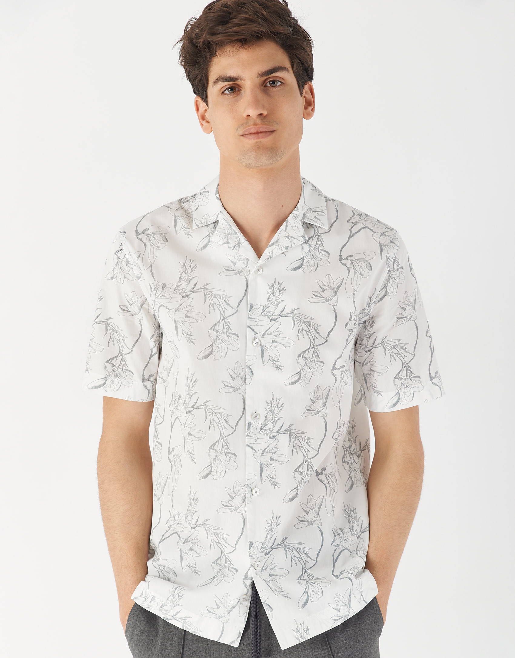 Gray tropical print Guayabera-type sport shirt