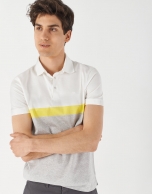 White piqué polo shirt with gray and yellow stripes