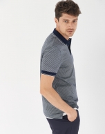 Navy blue pinstripe mercerized cotton polo shirt