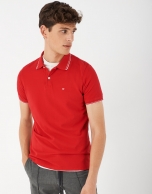 Red pique cotton polo shirt with white outlines