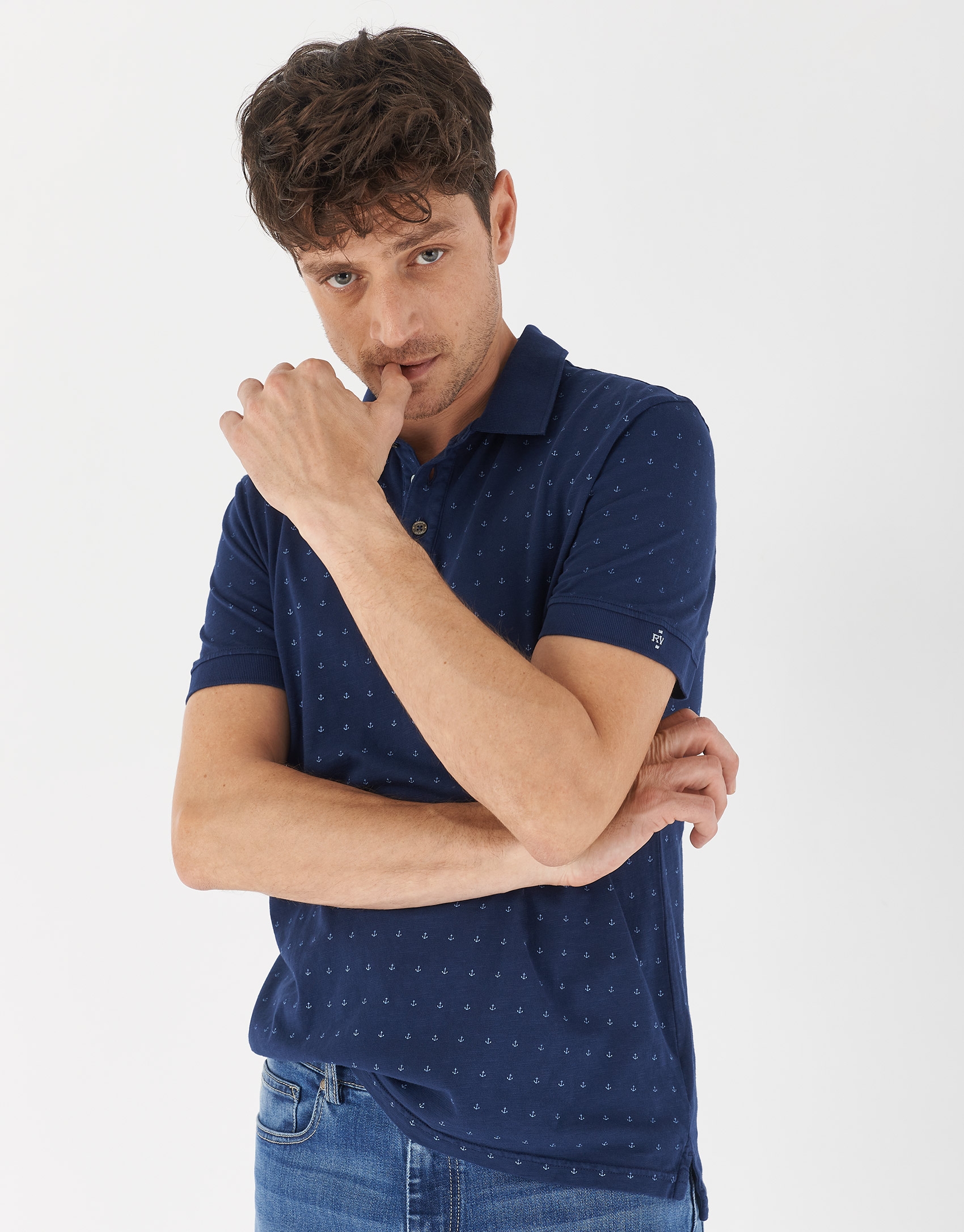 Navy blue cotton polo shirt with anchor print