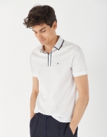 White mercerized cotton polo shirt with contrasting navy blue jacquard