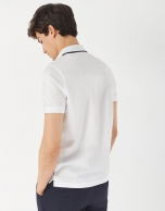 White mercerized cotton polo shirt with contrasting navy blue jacquard