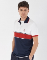 Navy blue, red and white color block polo shirt