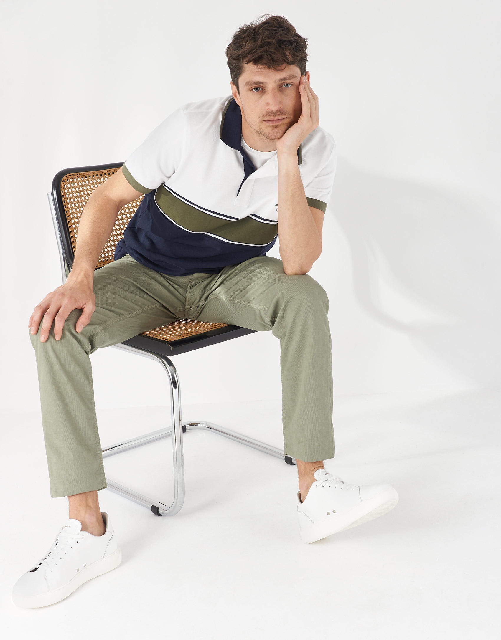 Navy blue, khaki and white color block polo shirt