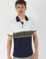 Navy blue, khaki and white color block polo shirt