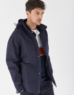 Blue short windbreaker with detachable hood