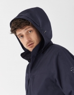 Blue short windbreaker with detachable hood