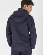 Blue short windbreaker with detachable hood