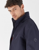 Blue short windbreaker with detachable hood