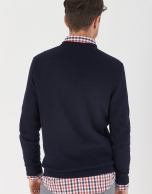 Navy blue jacquard sweater with cable stitch knit