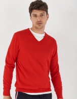 Red cotton sweater with V-neck