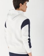 Navy blue and white plush zippered sweatshirt