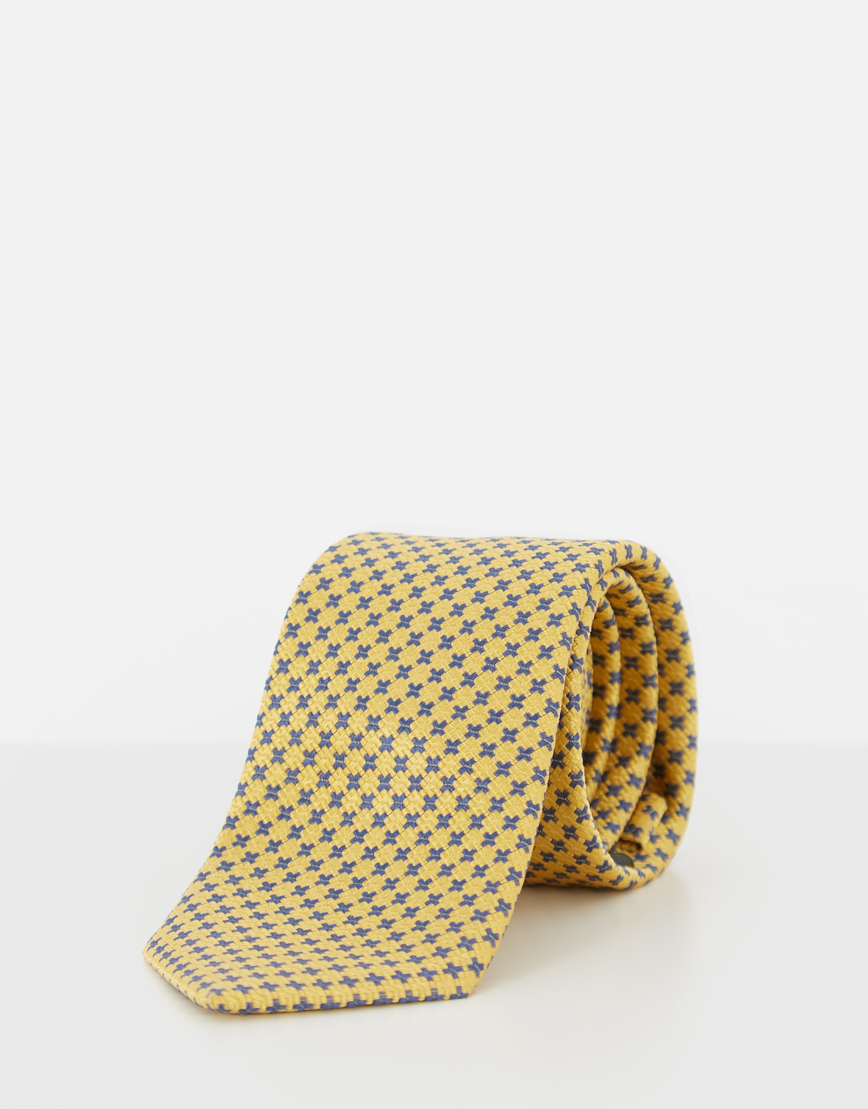 Yellow silk tie with blue geometric jacquard design