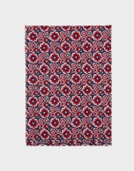 Red and navy blue cotton and linen scarf with geometric floral print