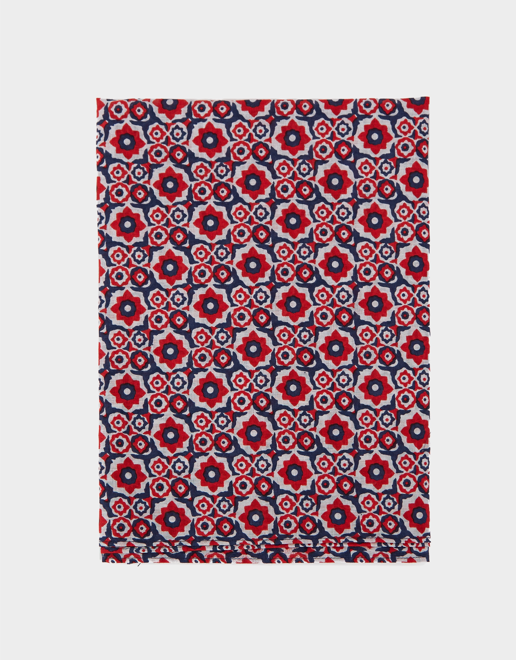 Red and navy blue cotton and linen scarf with geometric floral print