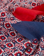 Red and navy blue cotton and linen scarf with geometric floral print