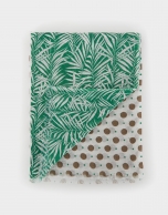 Cotton and linen scarf with white leaves and green dots