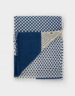 Cotton and linen scarf with white, blue and khaki patchwork design