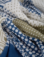 Cotton and linen scarf with white, blue and khaki patchwork design