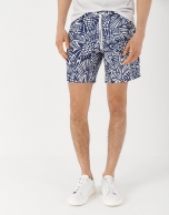 Navy blue ethnic print bathing trunks