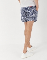 Navy blue ethnic print bathing trunks