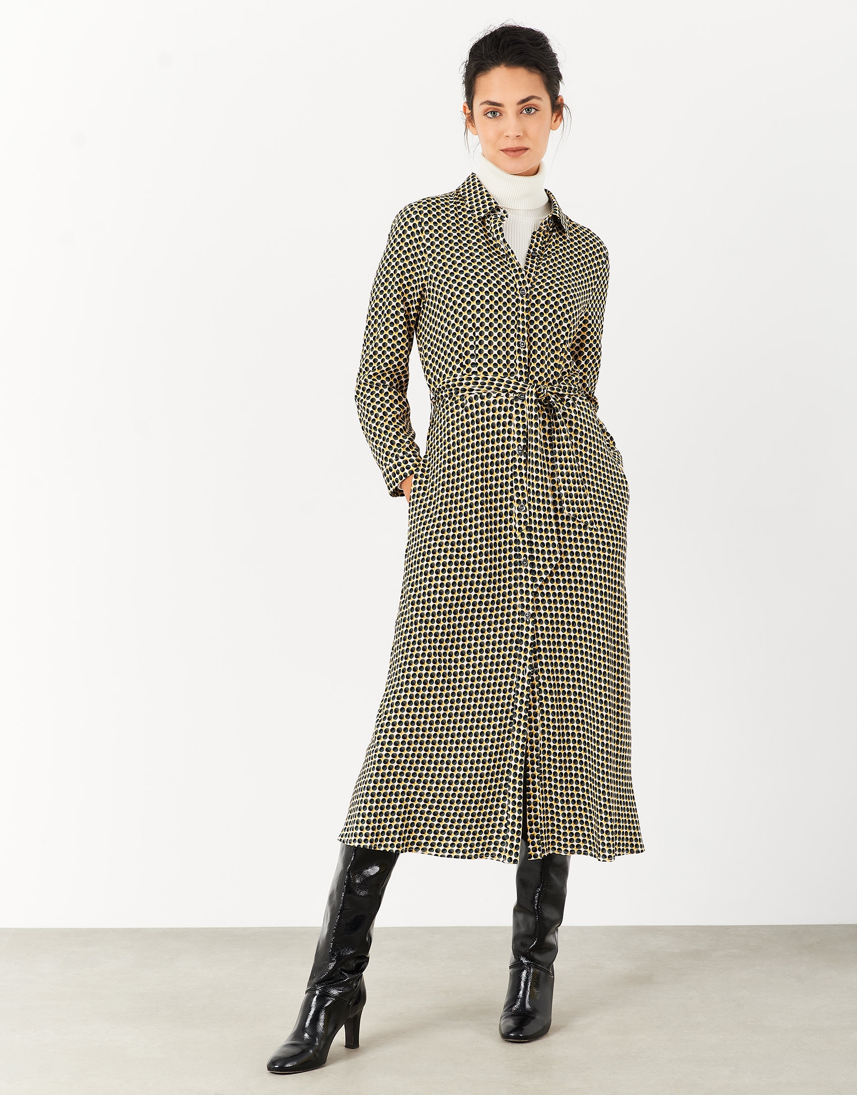 Shirtwaist dress with green and yellow circles