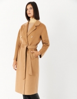 Long camel wool double-breasted coat