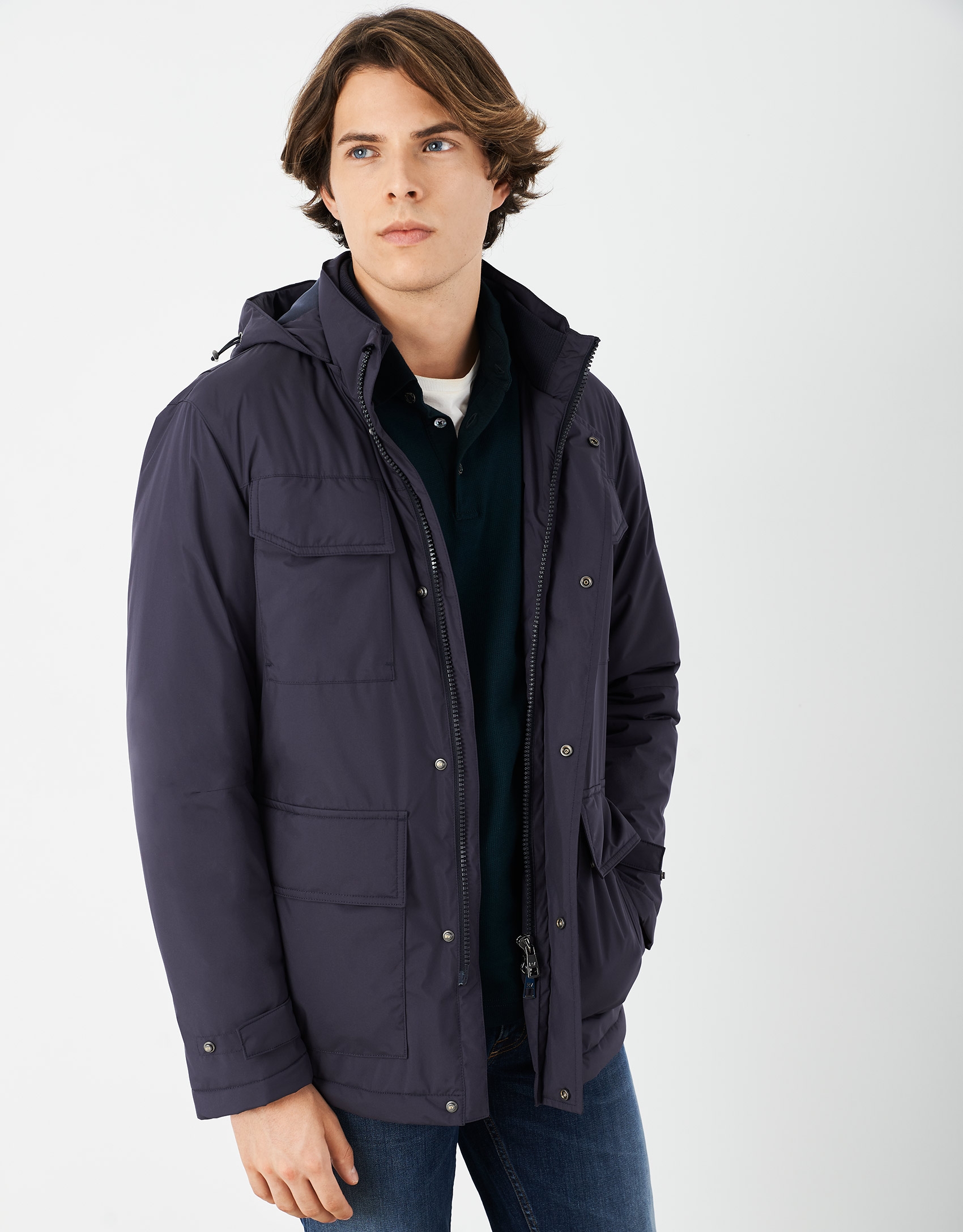 Navy blue parka with four pockets