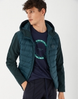 Green tech quilted windbreaker with hood