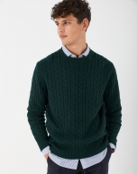 Green cable-stitched sweater