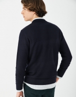 Navy blue sweater with embossed horizontal design