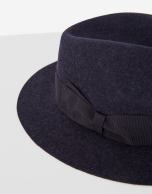 Blue felt fedora hat with matching ribbon