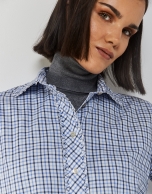 Blue checked shirt with gathering at the collar 