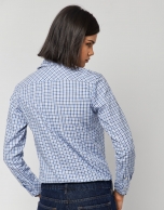 Blue checked shirt with gathering at the collar 