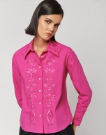 Fuchsia cotton shirt with embroidered front