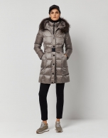 Long mink quilted coat with fur hood