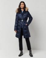 Long dark blue quilted coat with fur hood