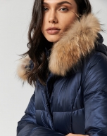 Long dark blue quilted coat with fur hood