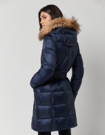 Long dark blue quilted coat with fur hood