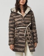 Long brown/beige quilted coat with belt