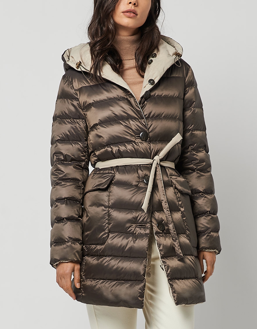 Long brown quilted ladies coat best sale