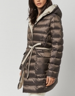 Long brown/beige quilted coat with belt