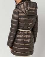 Long brown/beige quilted coat with belt