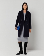 Long navy blue wool double-breasted coat